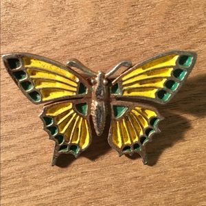 SALE VINTAGE METAL ENAMEL YELLOW & GREEN BUTTERFLY